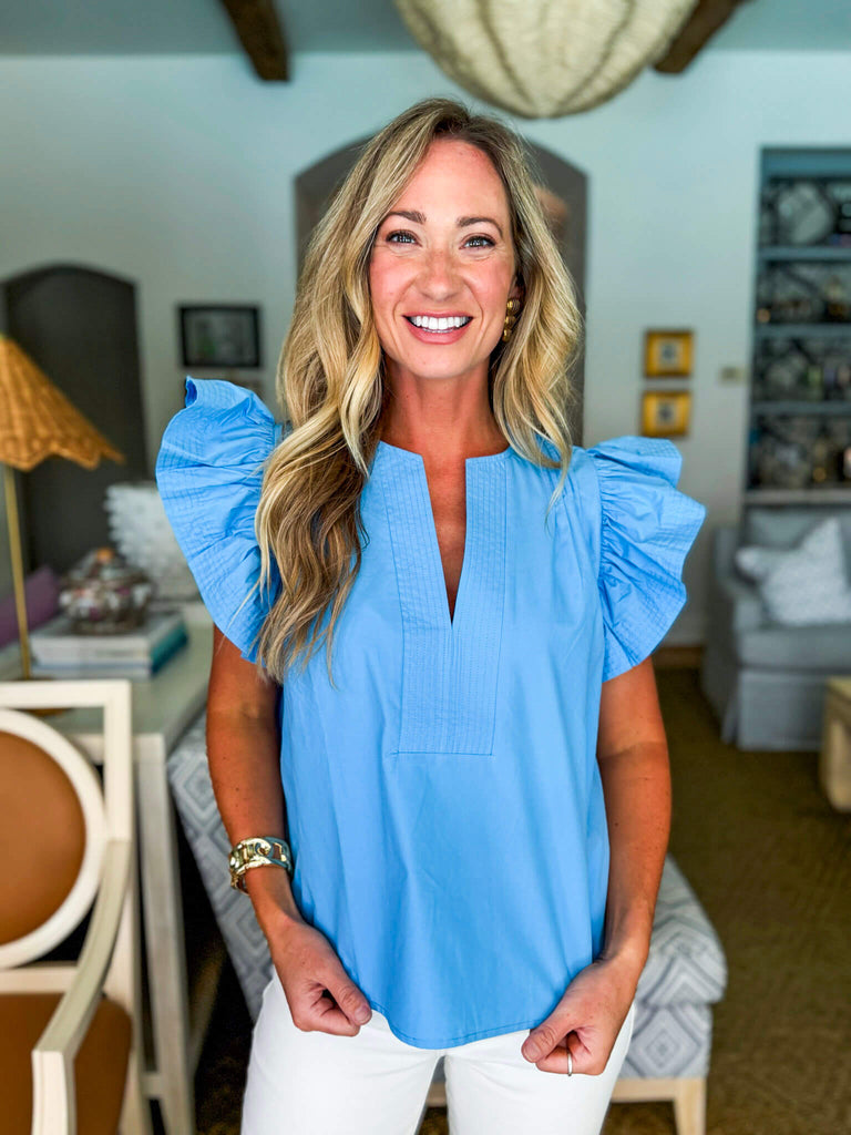 Kind Eyes Poplin Top-Azure Blue