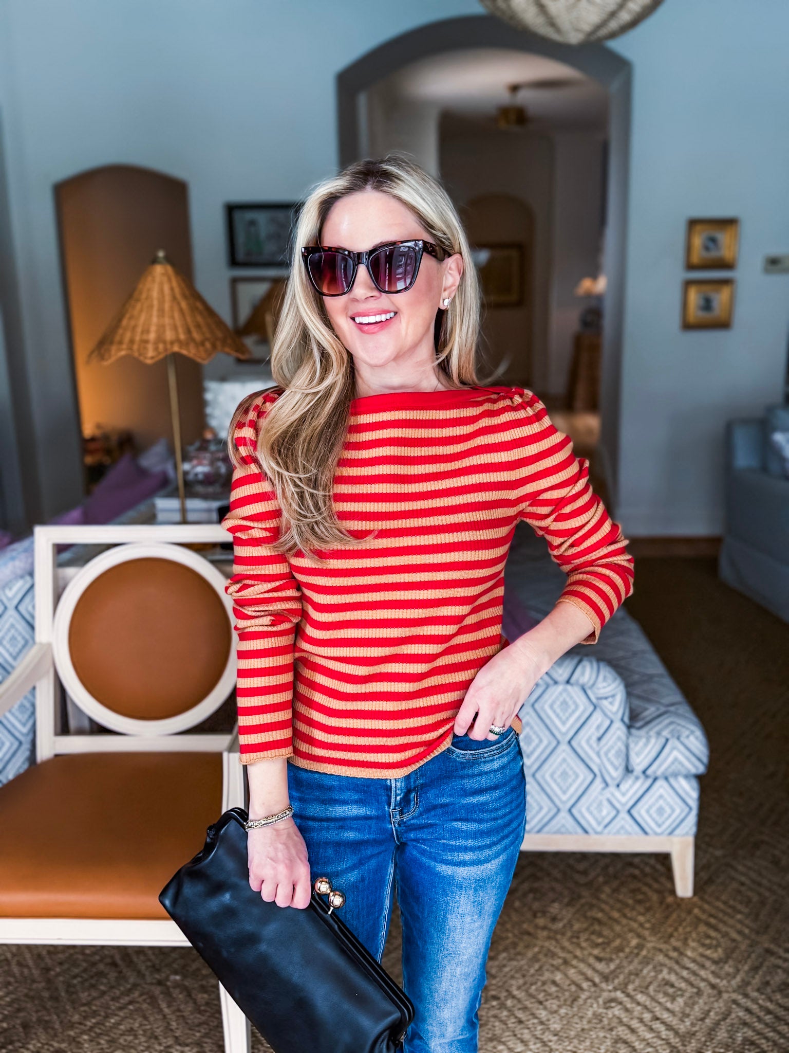 Nantucket Days Ribbed Top-Red/Taupe