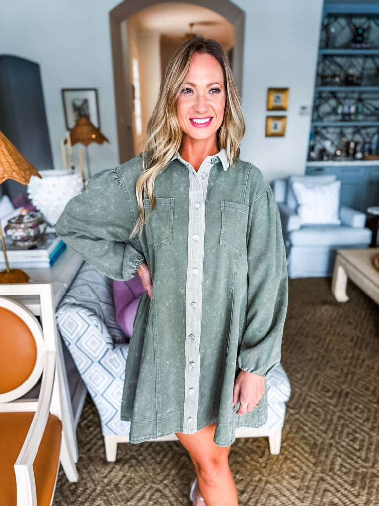 Catching Attention Denim Dress- Ash Olive