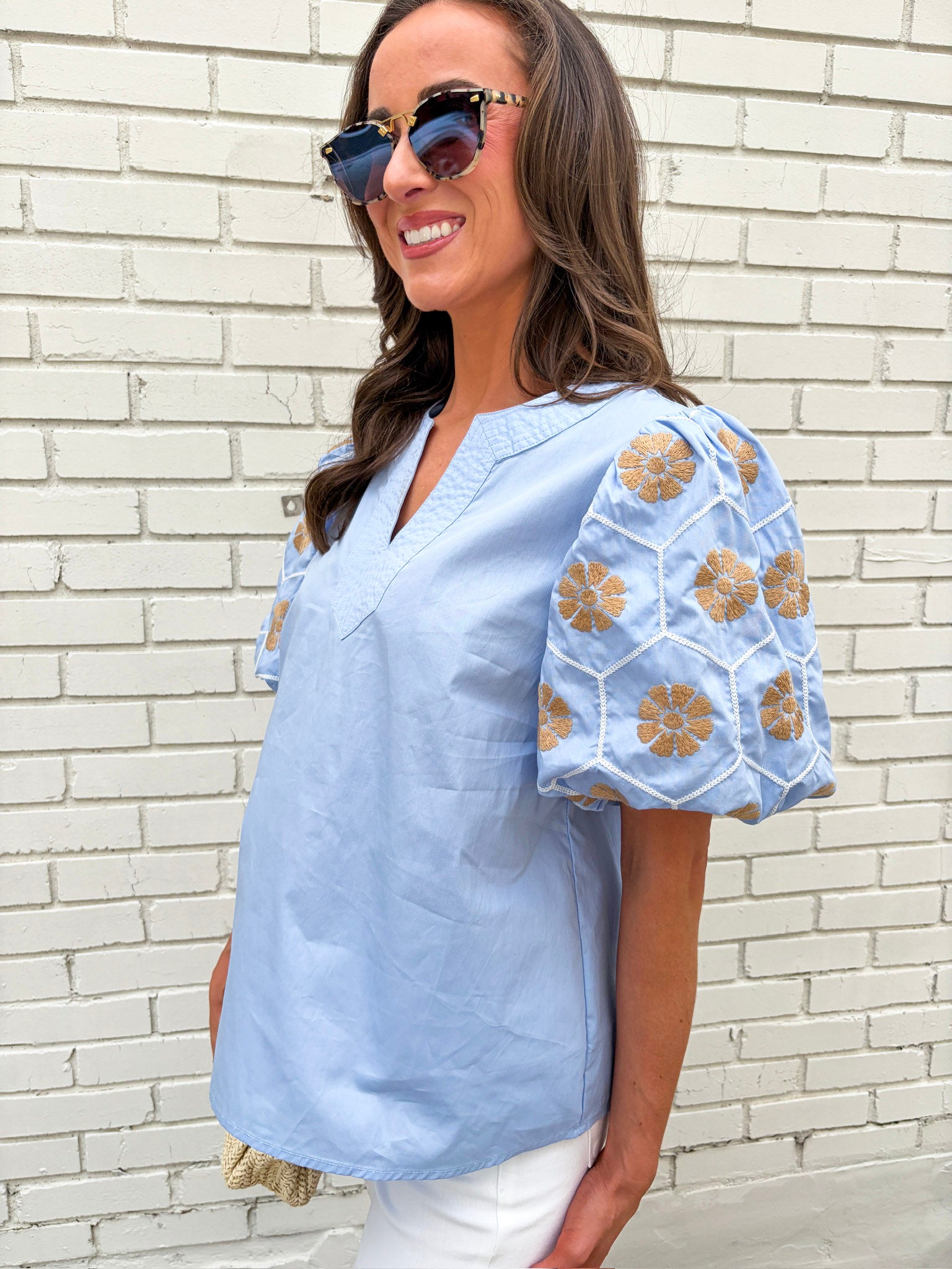 Summer Sunset Embroidered Top-Light Blue