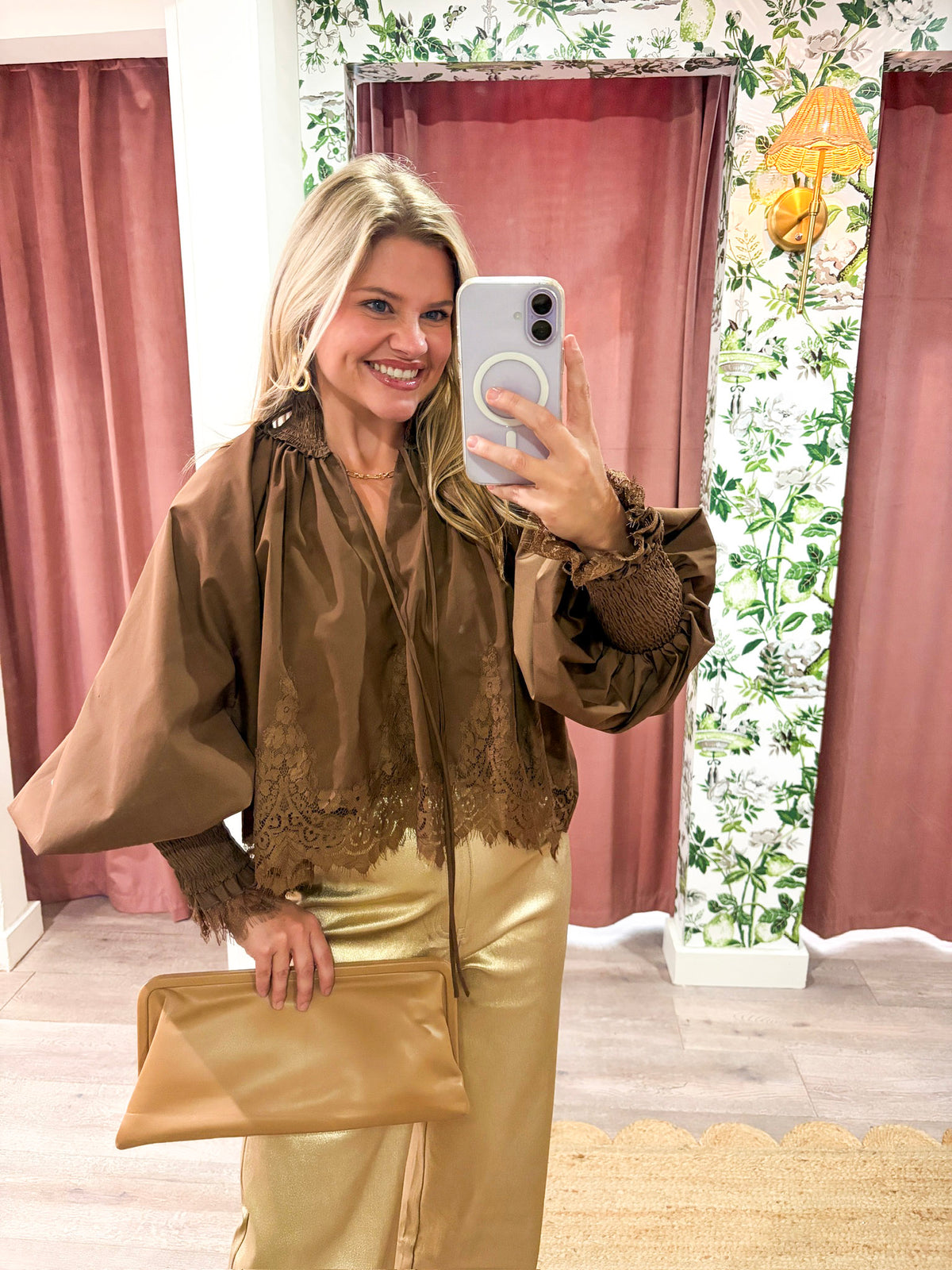 Rosamund Puff Sleeve Top-Brown