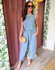 Abroad Adventure Textured Pant Set-Dusty Blue