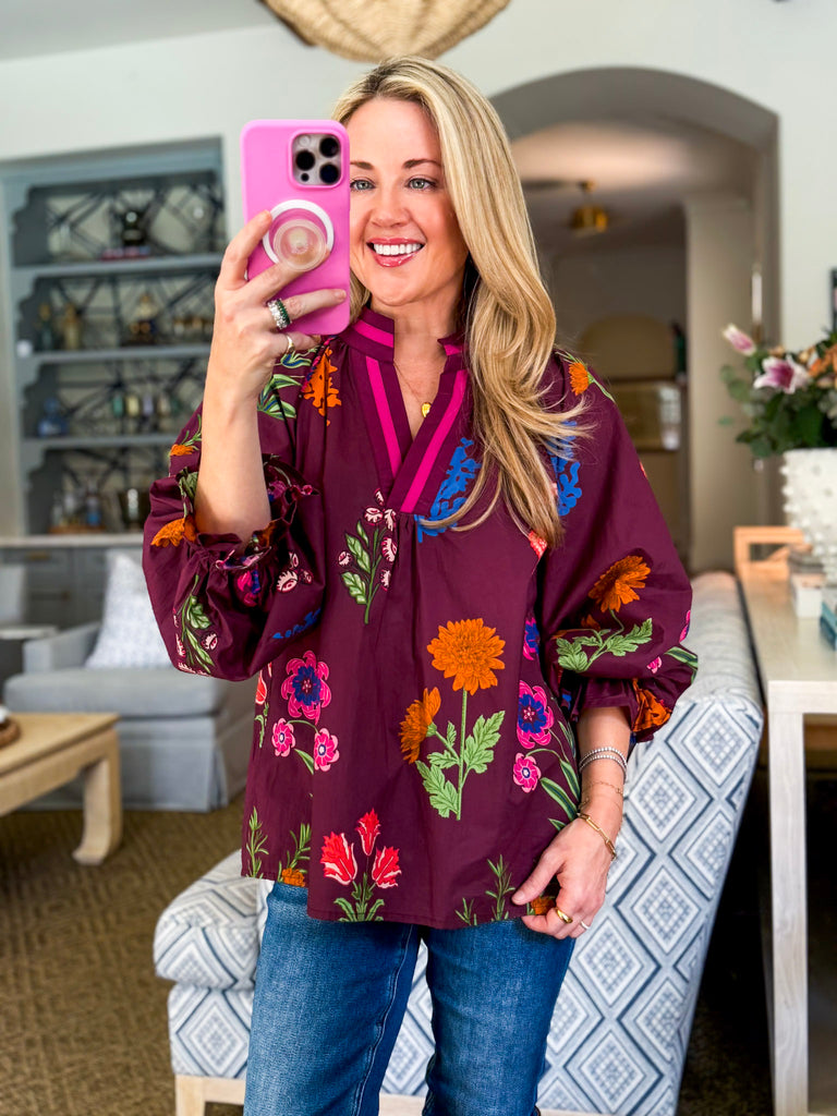 Bistro Charm Floral Top-Burgundy