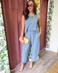Abroad Adventure Textured Pant Set-Dusty Blue
