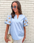 Summer Sunset Embroidered Top-Light Blue