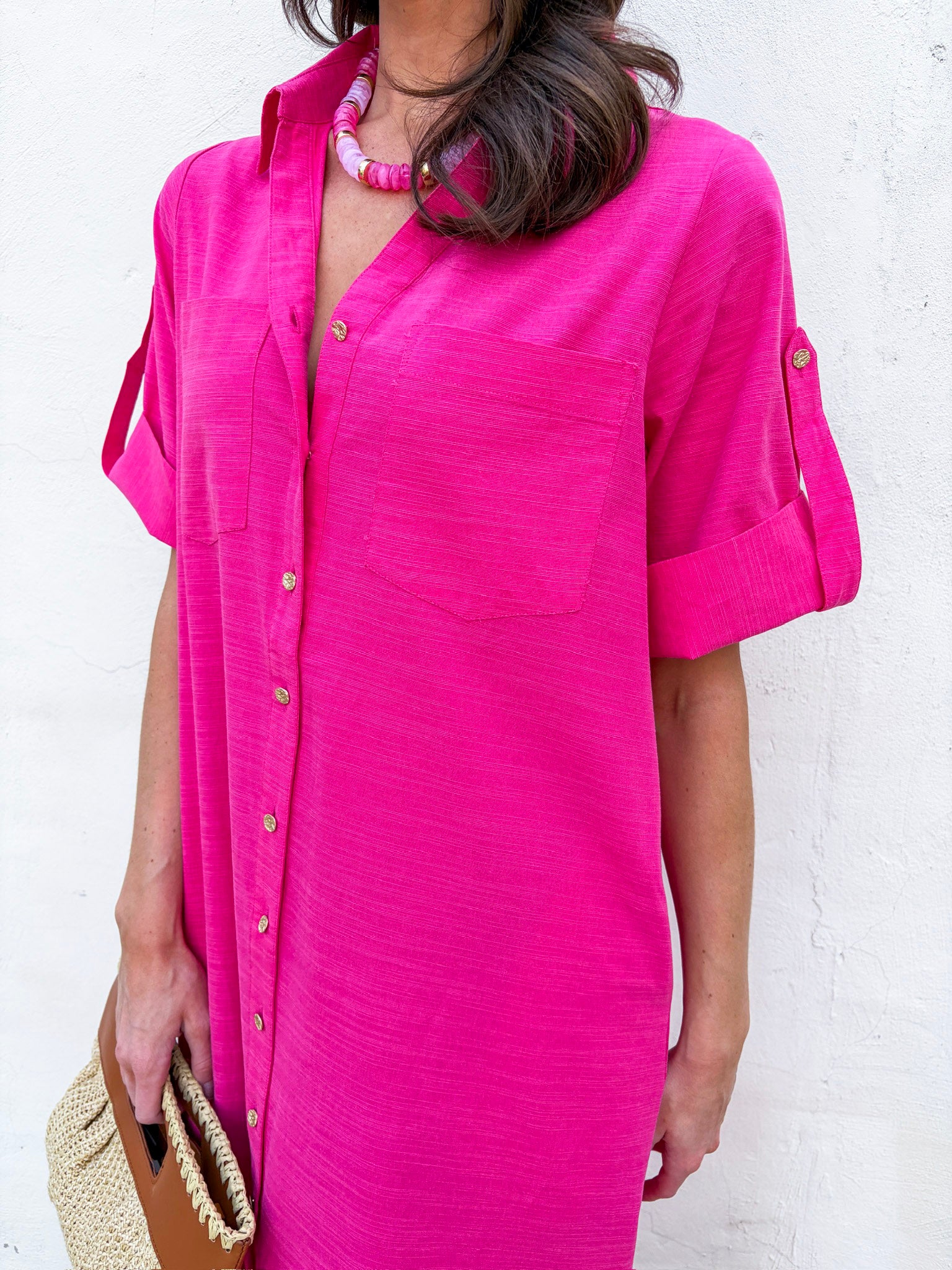 Weekend Chic Woven Midi Dress-Fuchsia