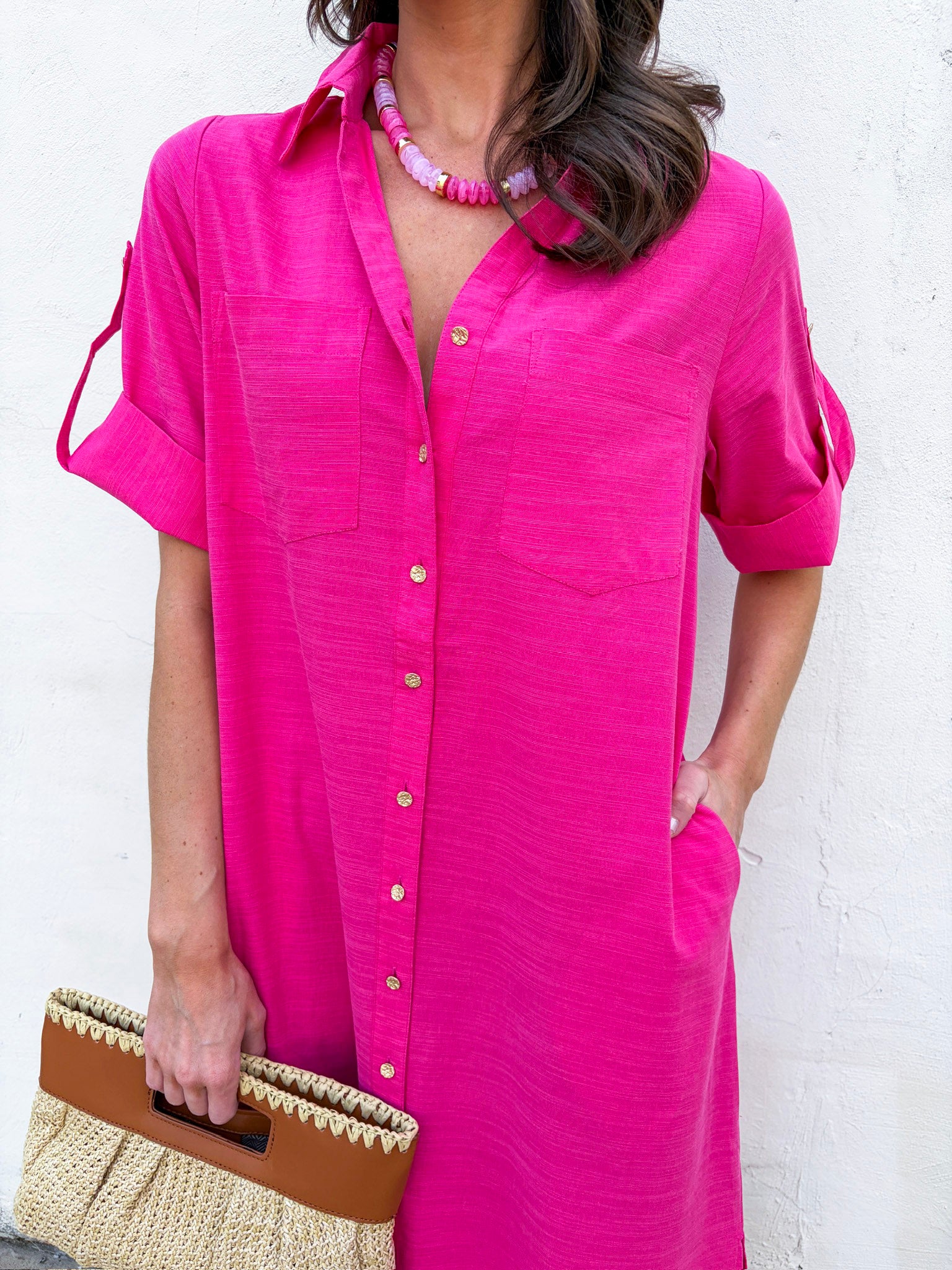 Weekend Chic Woven Midi Dress-Fuchsia