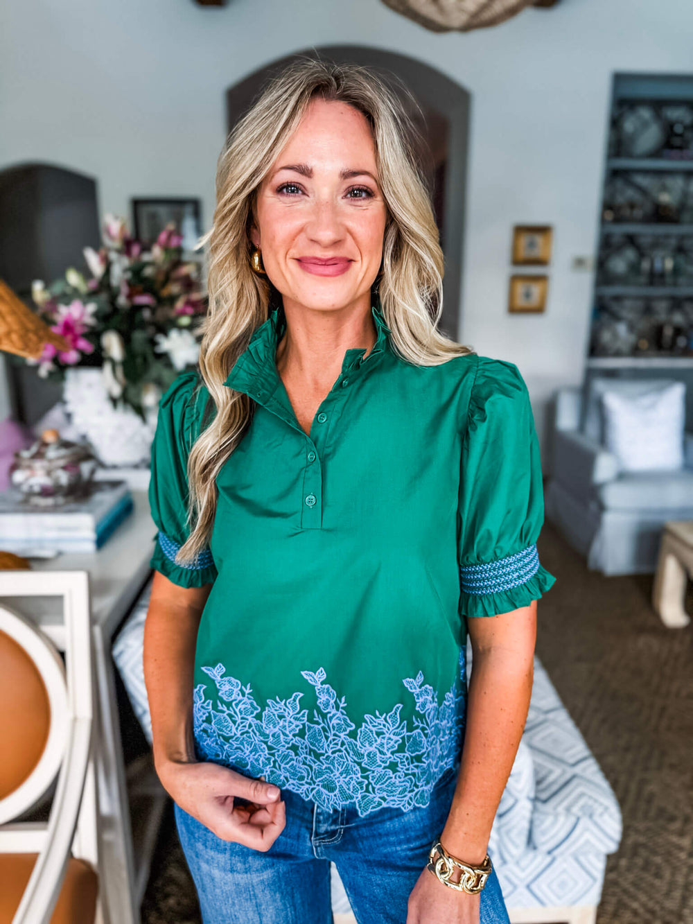 Threaded Bloom Embroidered Top-Green