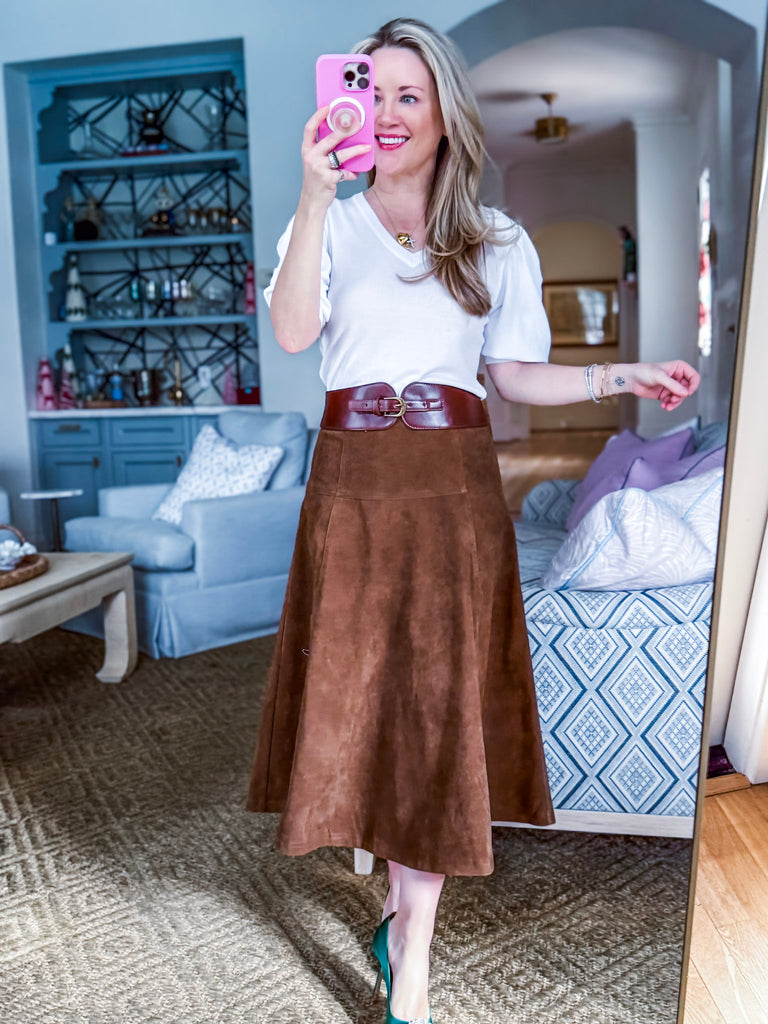 PREORDER: Fashion Walk Faux Suede Midi Skirt