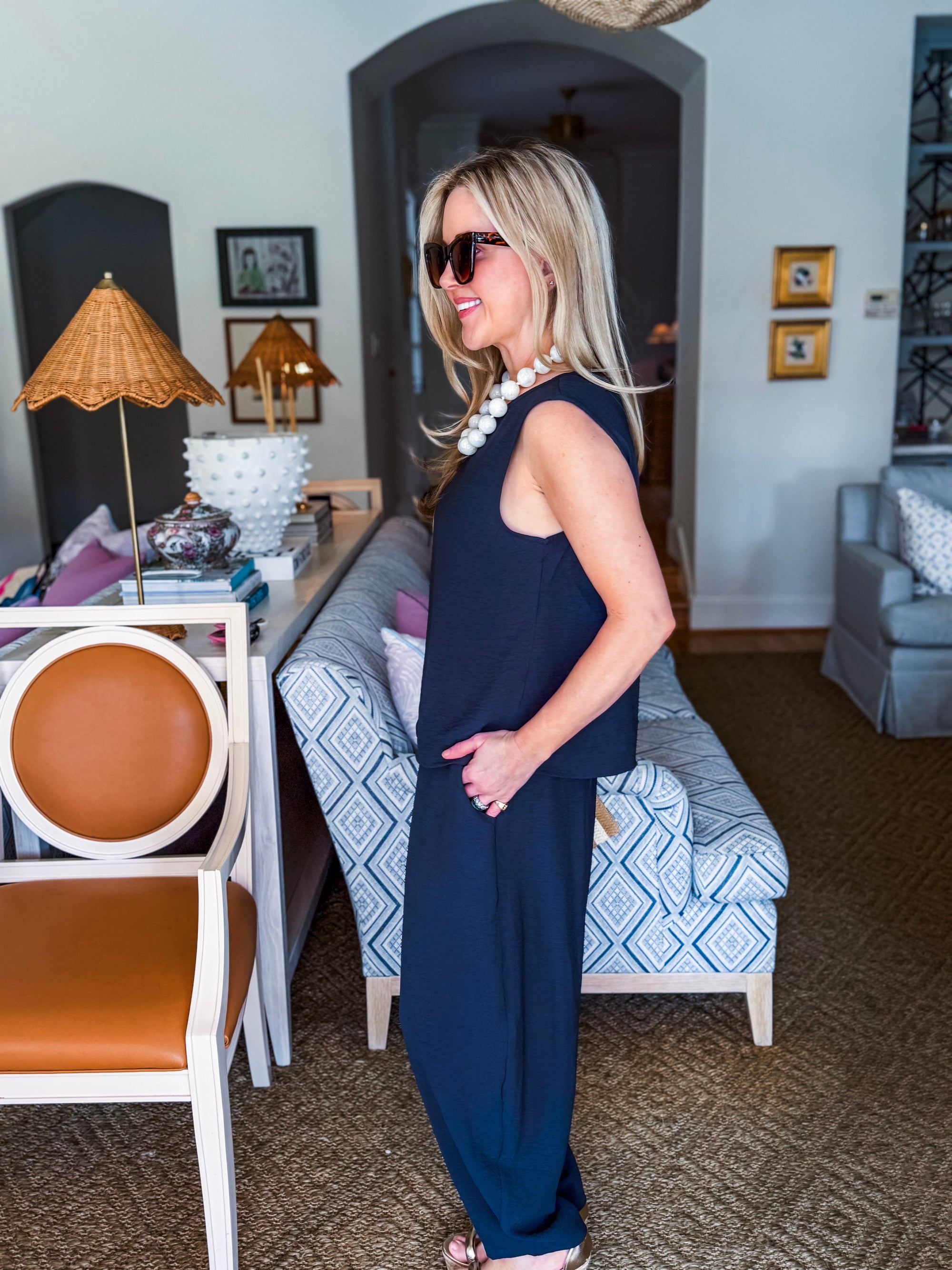 Abroad Adventure Textured Pant Set-Onyx Indigo