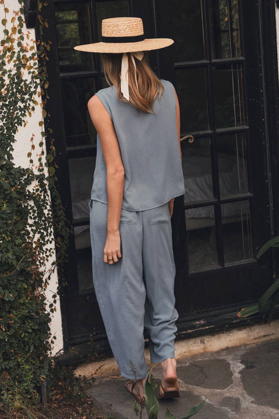 Abroad Adventure Textured Pant Set-Dusty Blue