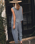 Abroad Adventure Textured Pant Set-Dusty Blue