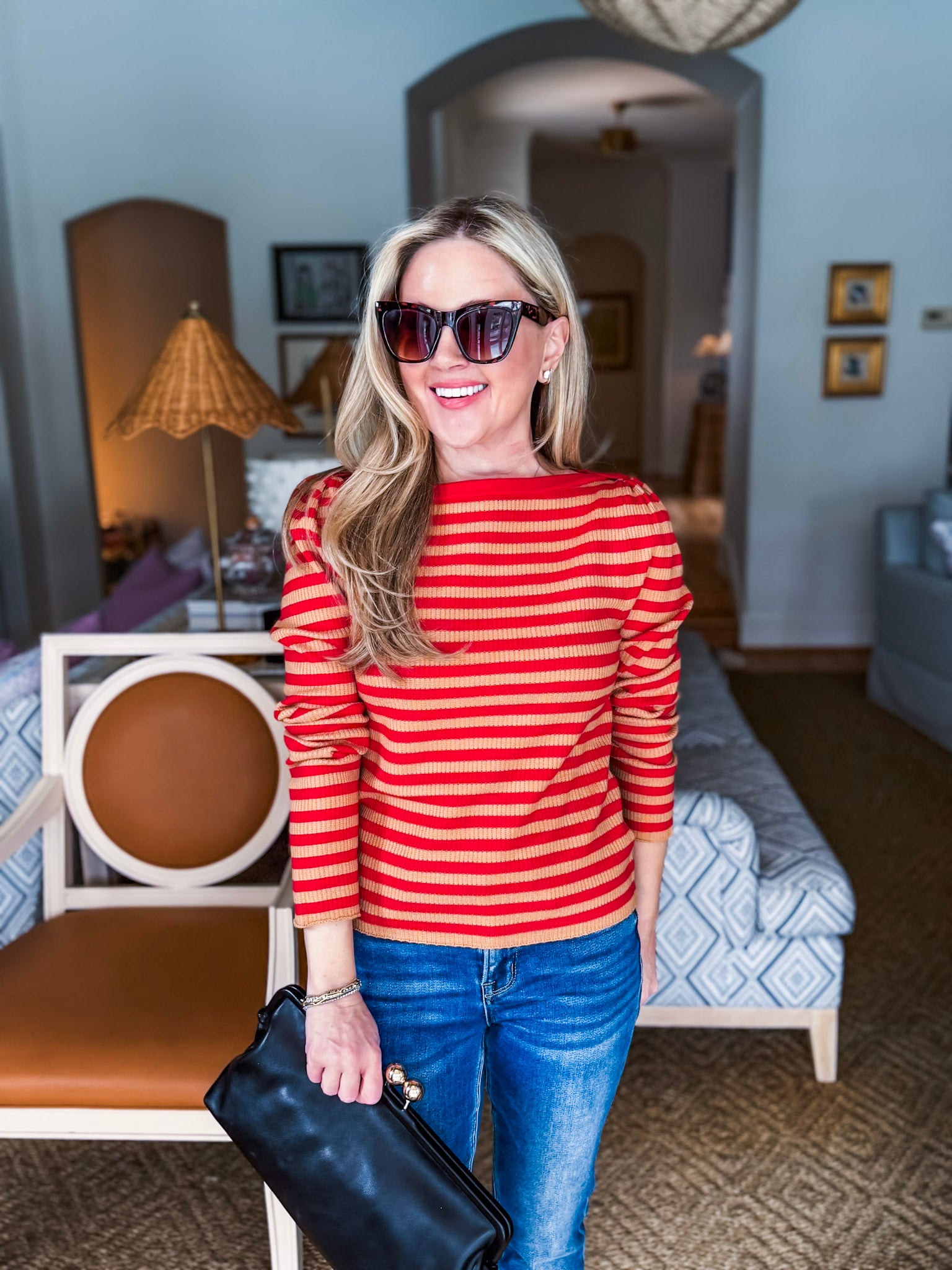 Nantucket Days Ribbed Top-Red/Taupe