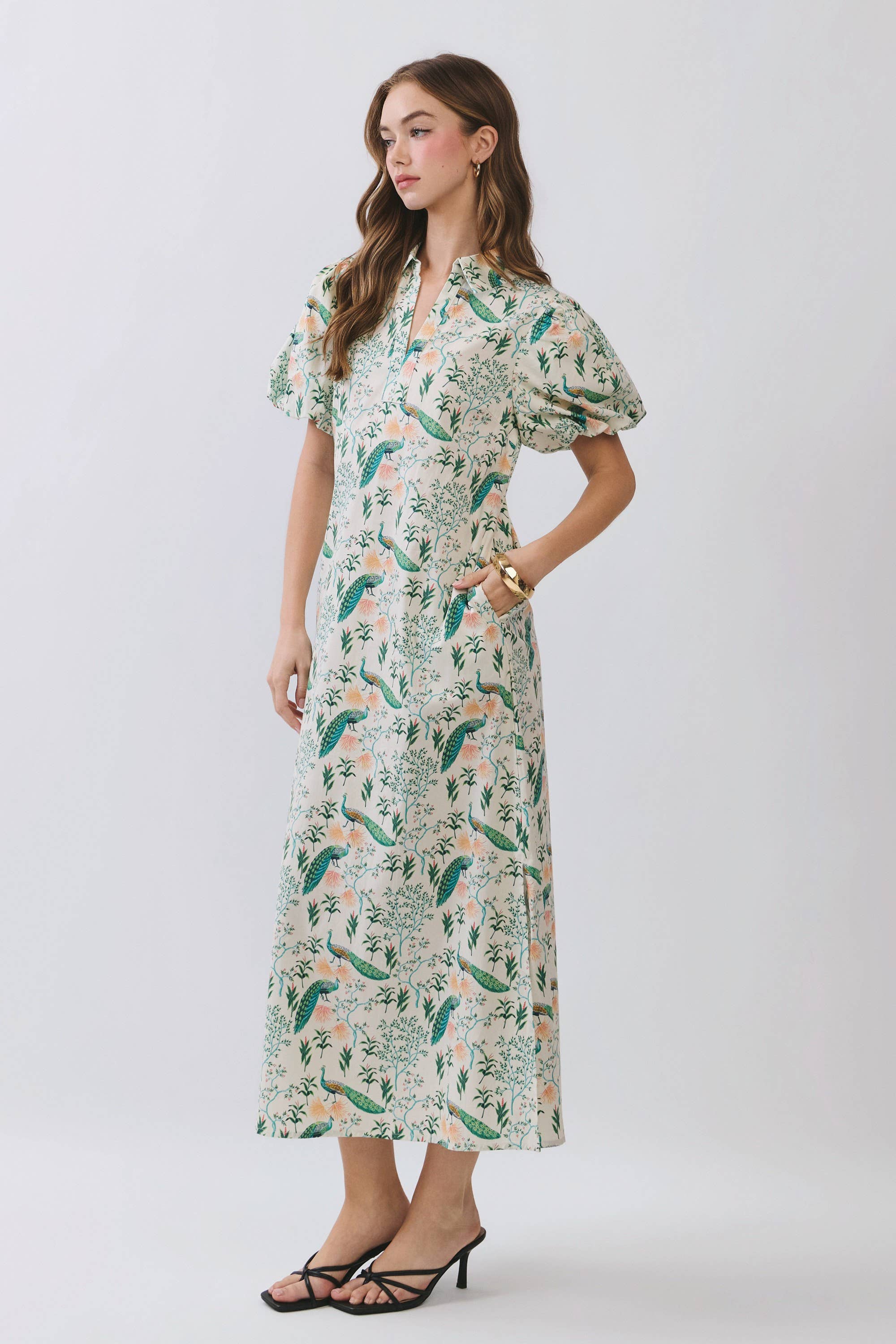 Peacock Puff Sleeve Midi Dress