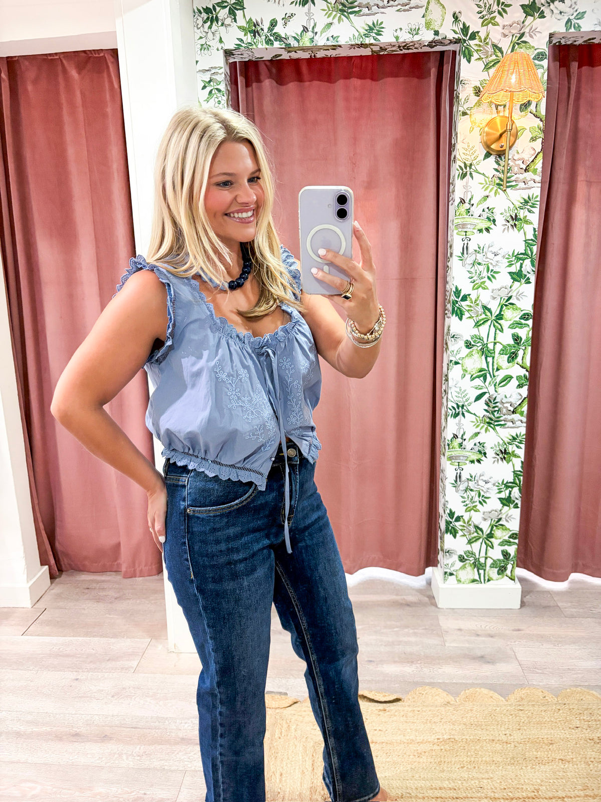 Vintage Grace Embroidered Top-Dusty Blue