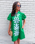 Floral Majesty Shift Mini Dress-Kelly Green