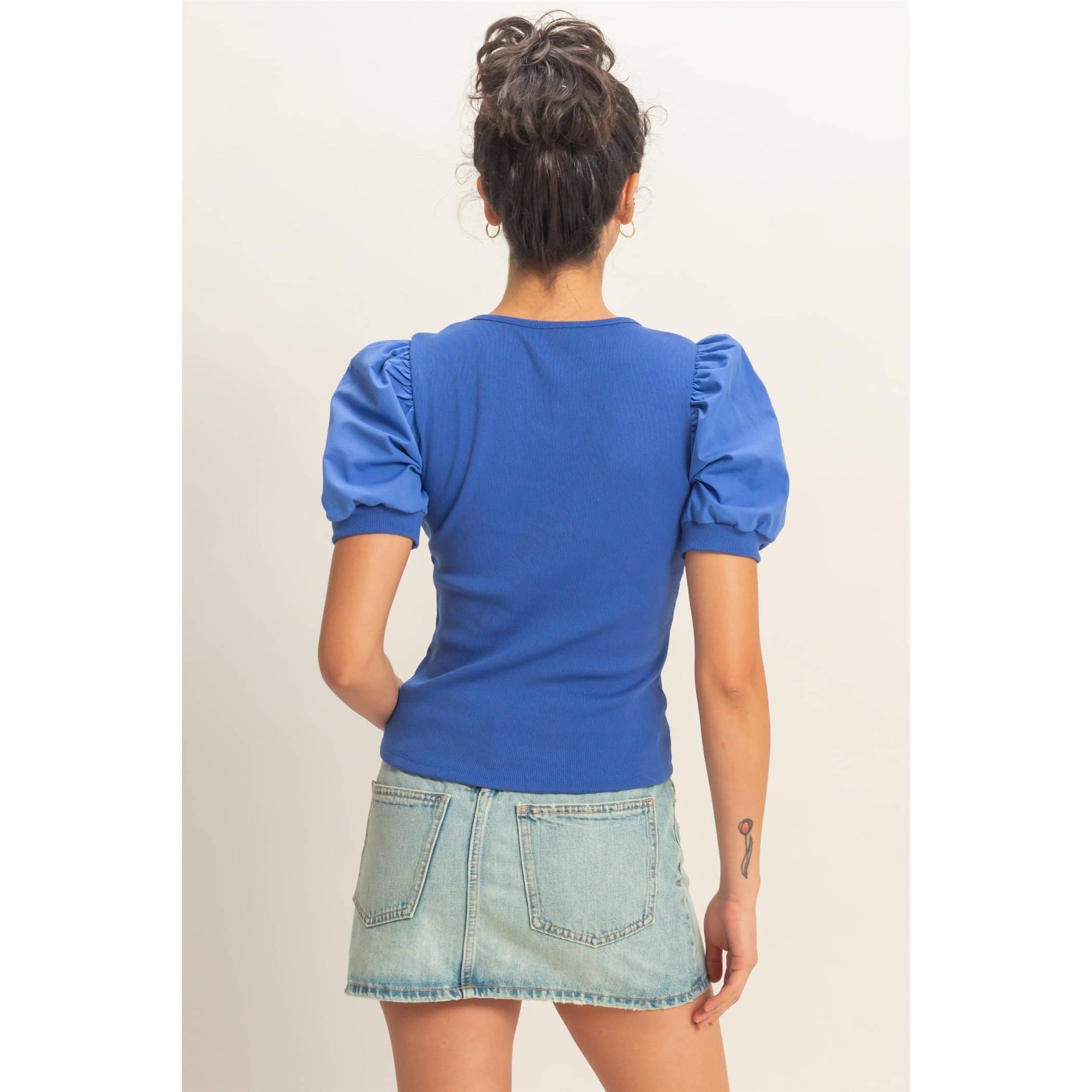 Perfect Fit Puff Sleeve Top-Cobalt