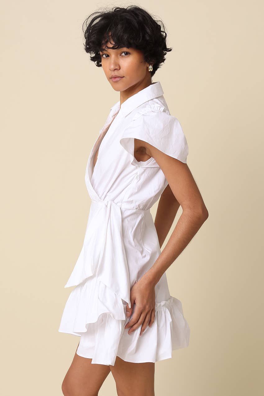 Avah Ruffle Wrap Mini Dress-White