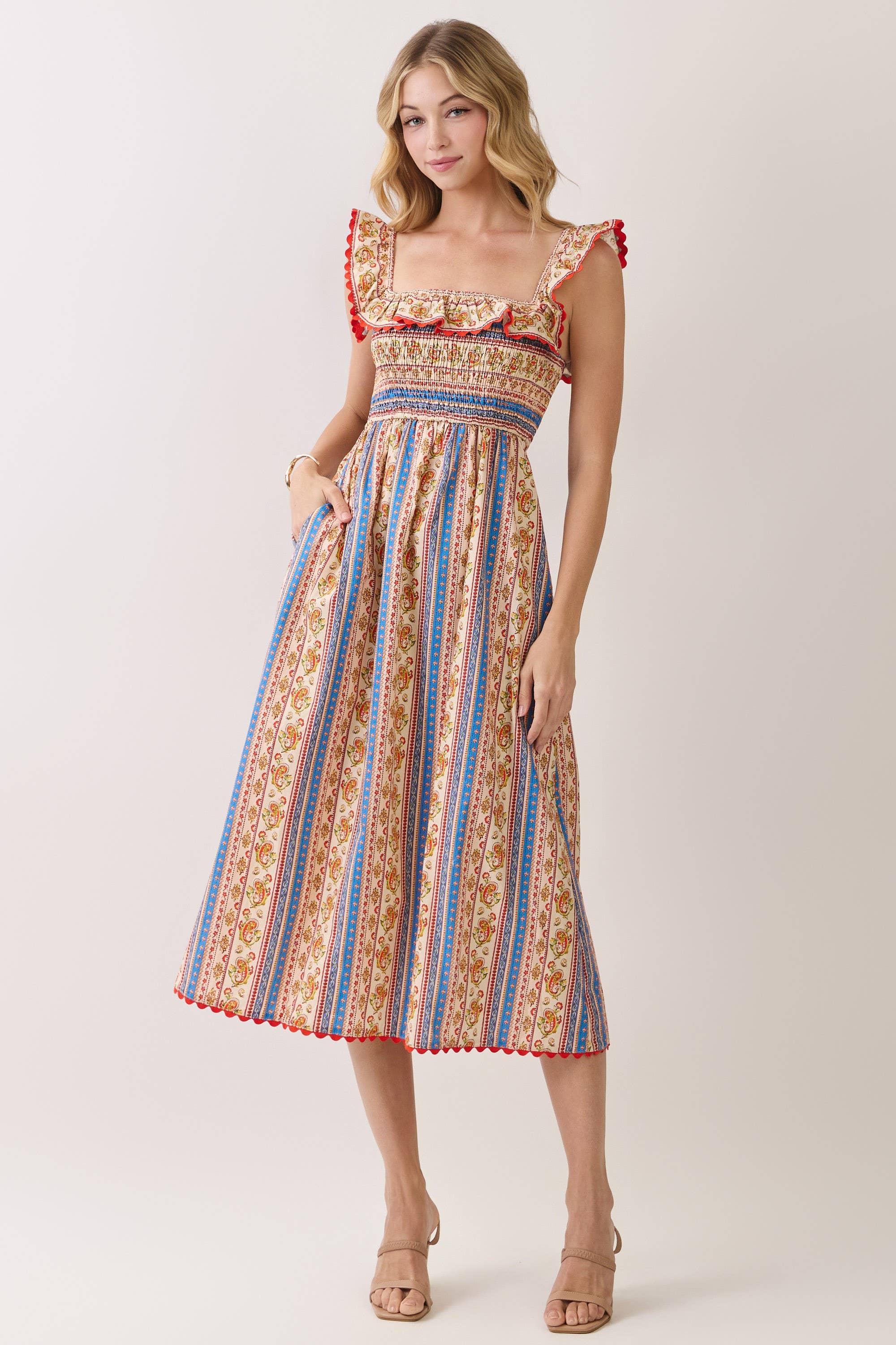Paisley Stripe Smocked Midi Dress