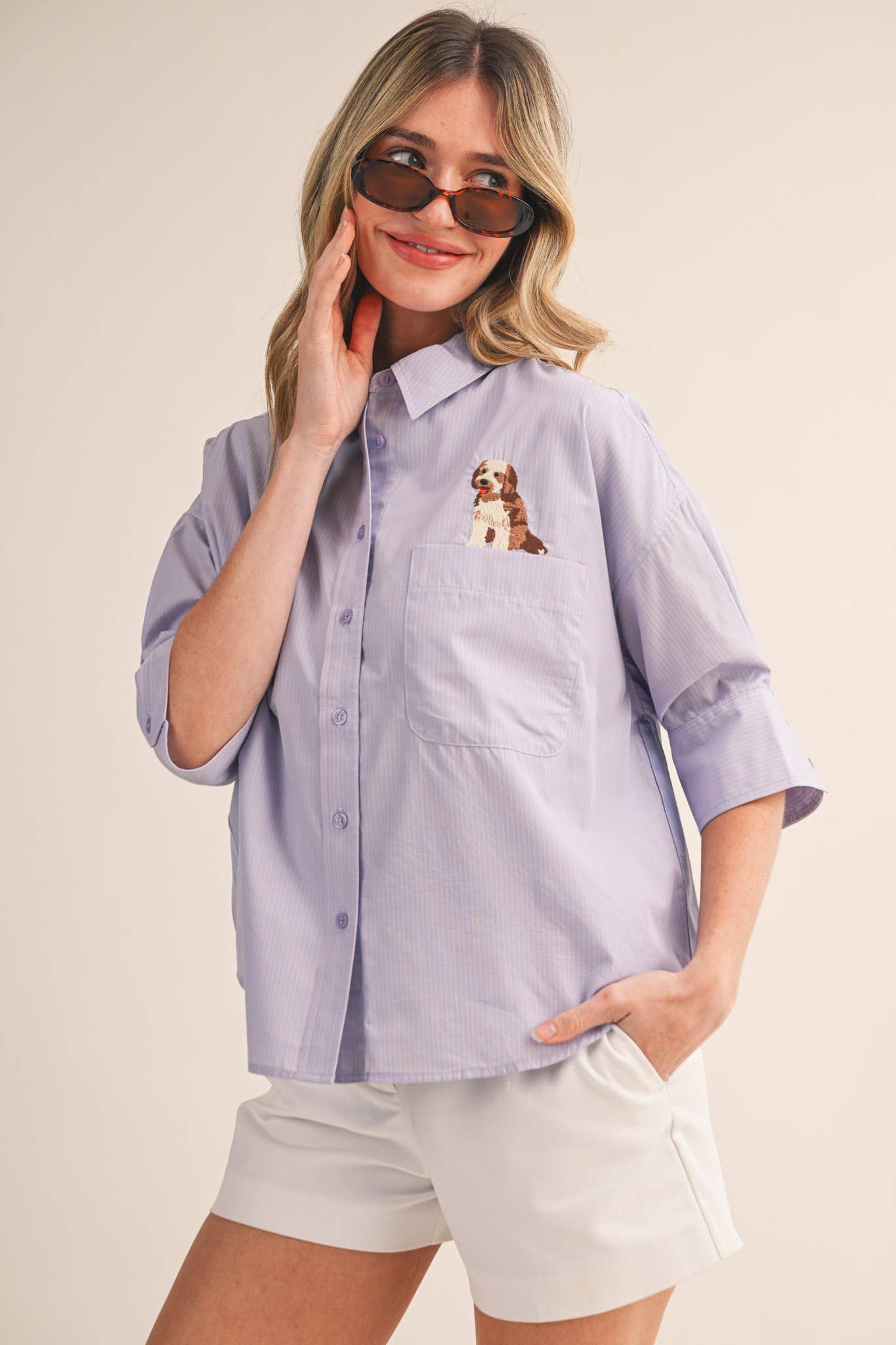 Sweetest Best Friend Embroidered Top- Blue/Papaya