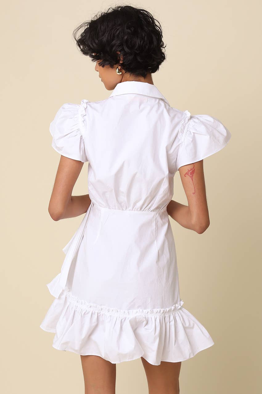 Avah Ruffle Wrap Mini Dress-White