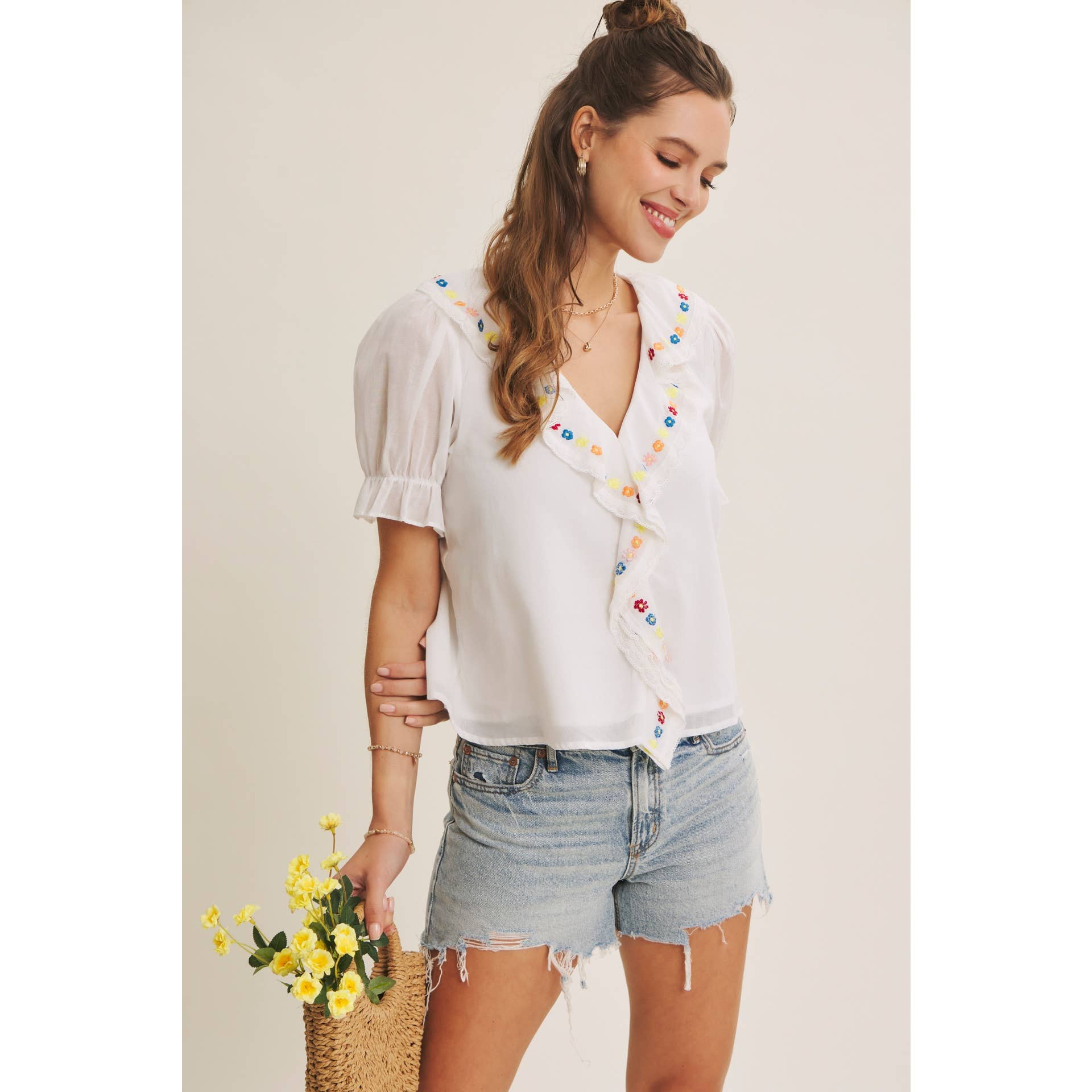 Steps Beach Embroidered Ruffle Top