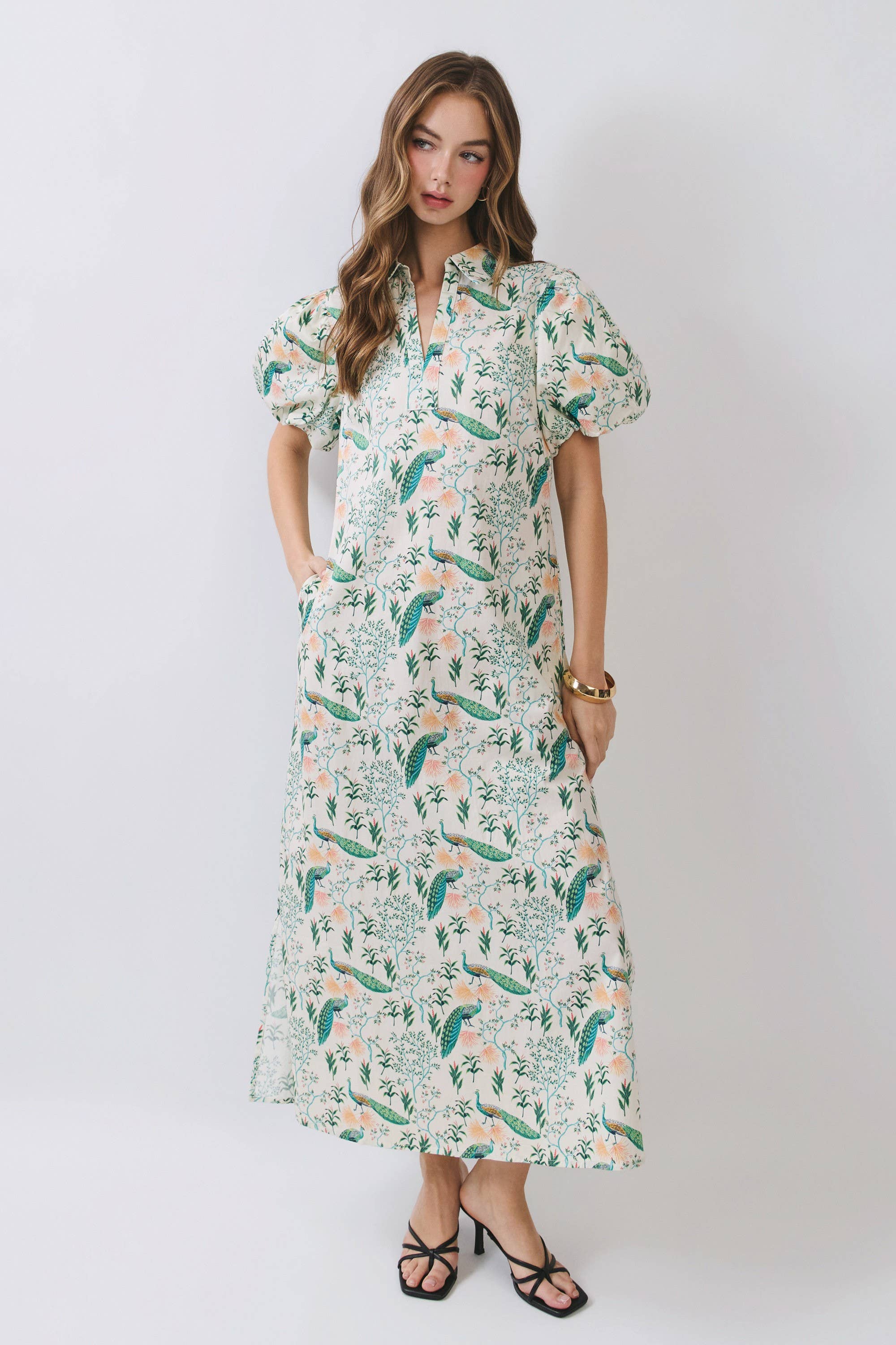 Peacock Puff Sleeve Midi Dress