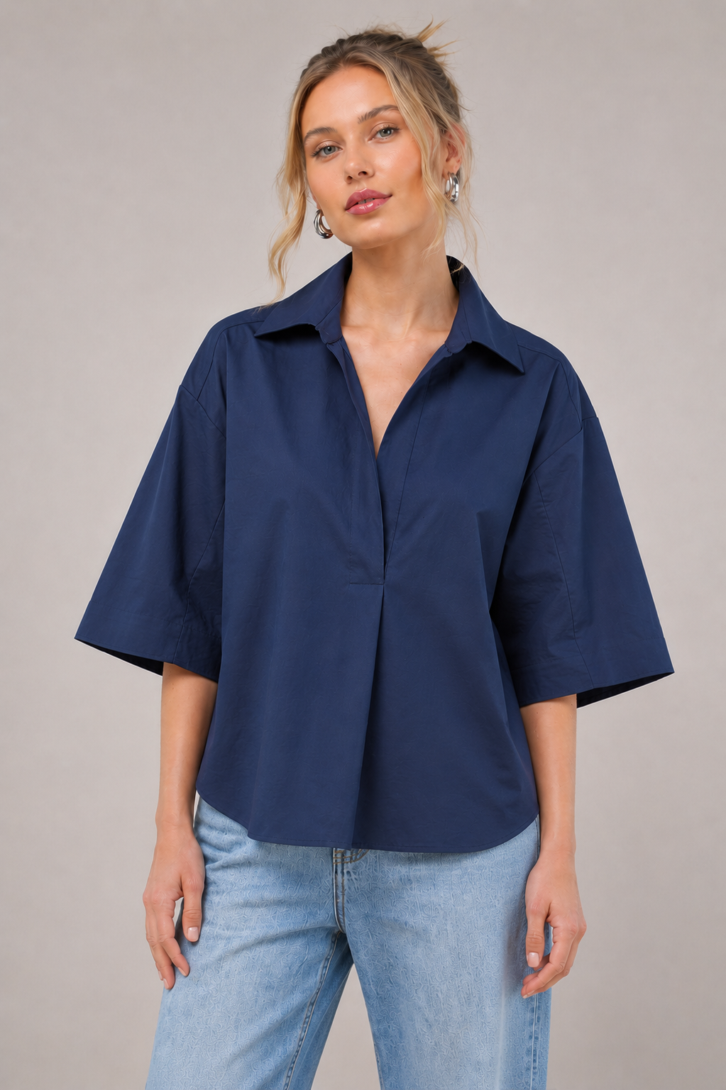 Kaia Oversized Button Down Top-Navy