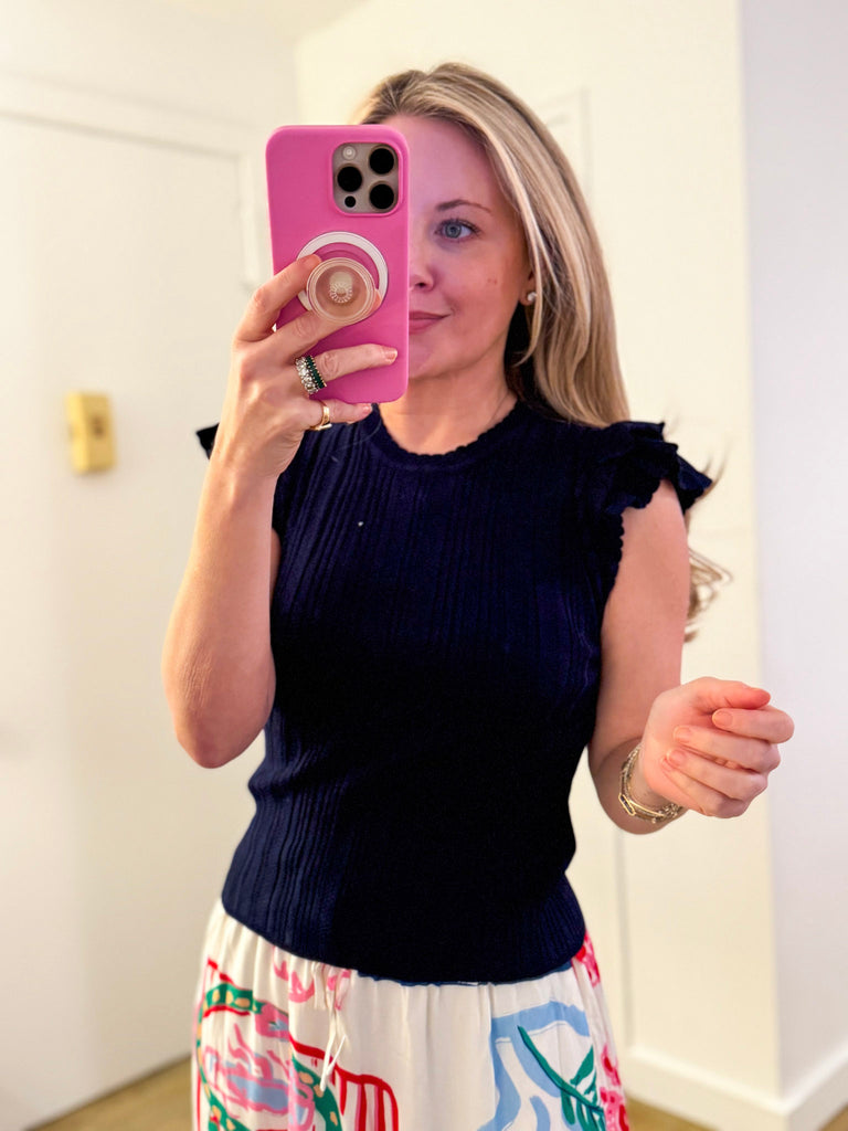 Paris Charm Ruffled Knit Top-Navy