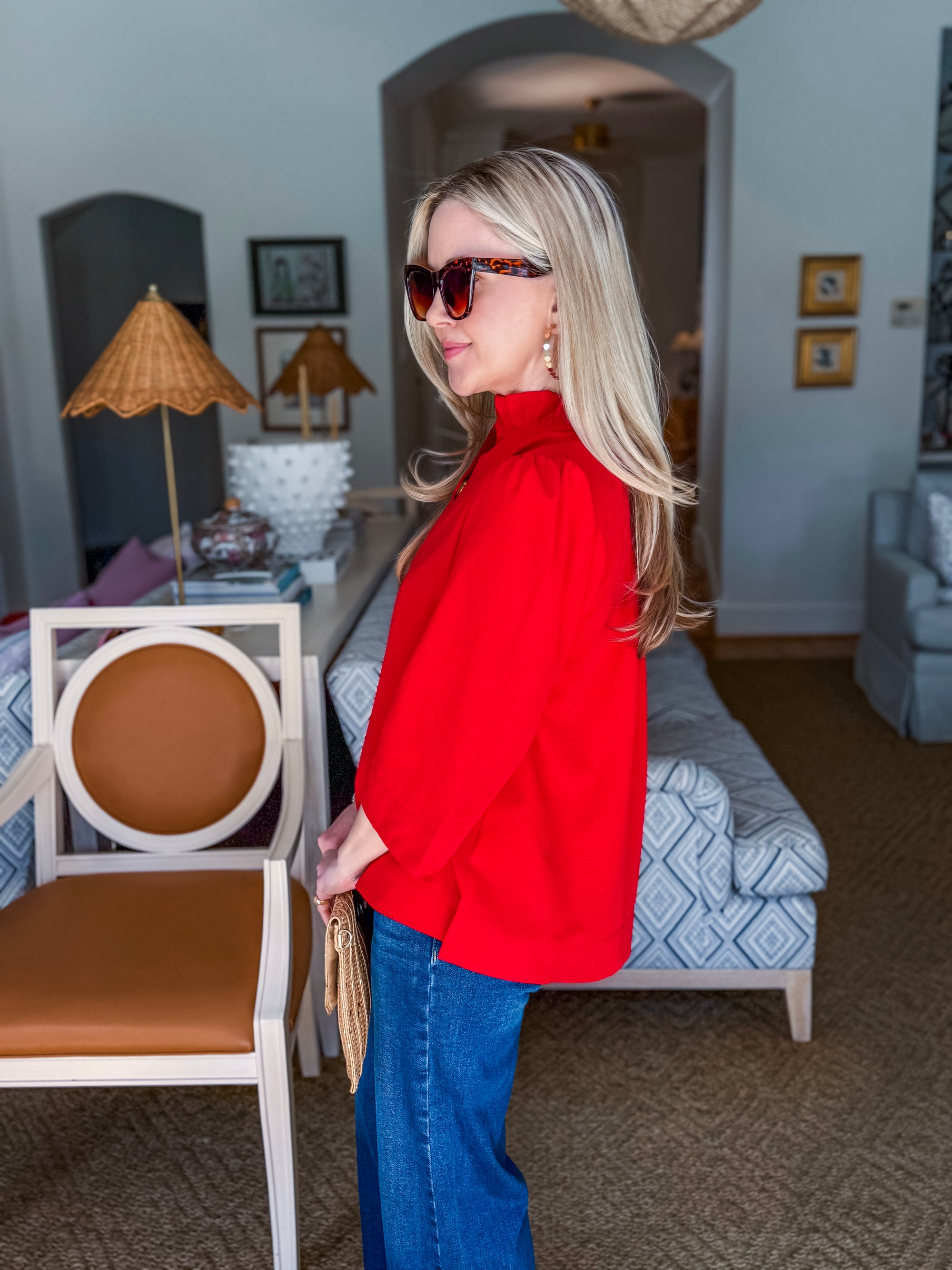 Eloise Ruffle Collar Top-Red