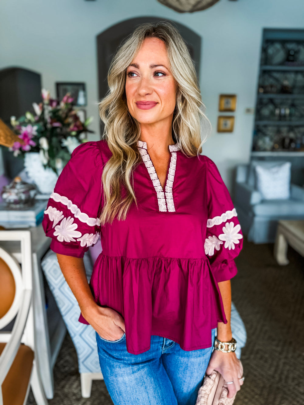 Rosewood Fields Embroidered Top-Merlot