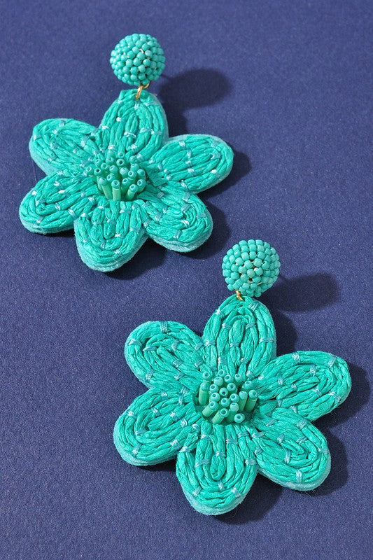 Raffia Flower Earrings- Turquoise