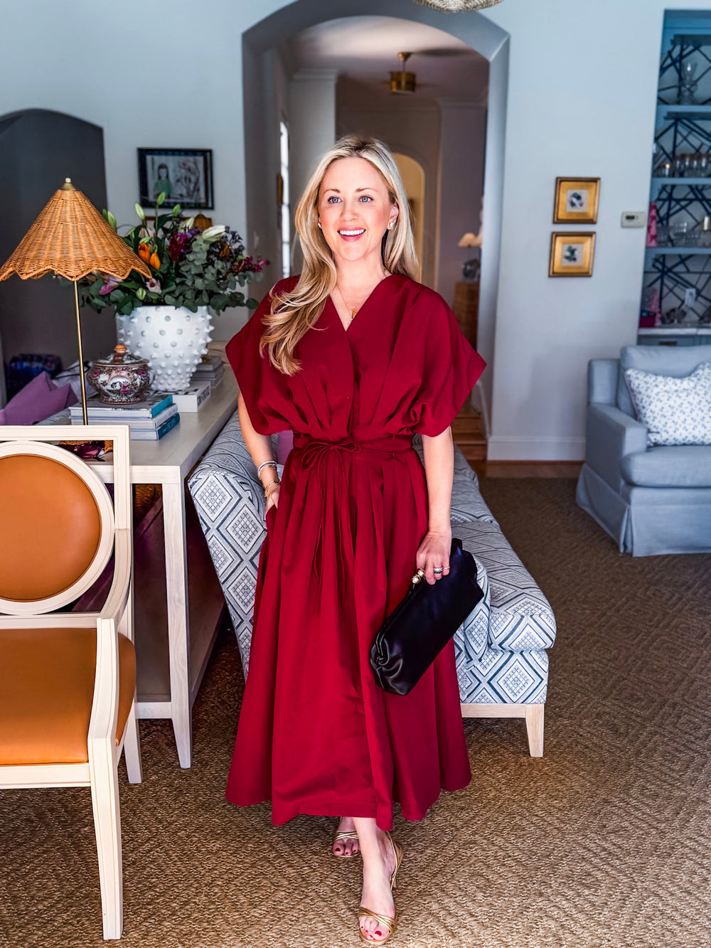 Soho Stroll Pleated Midi Dress-Burgundy