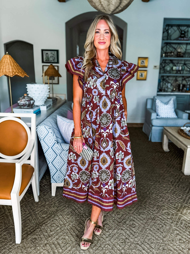 Sunset In Sorrento Midi Dress-Red Bean