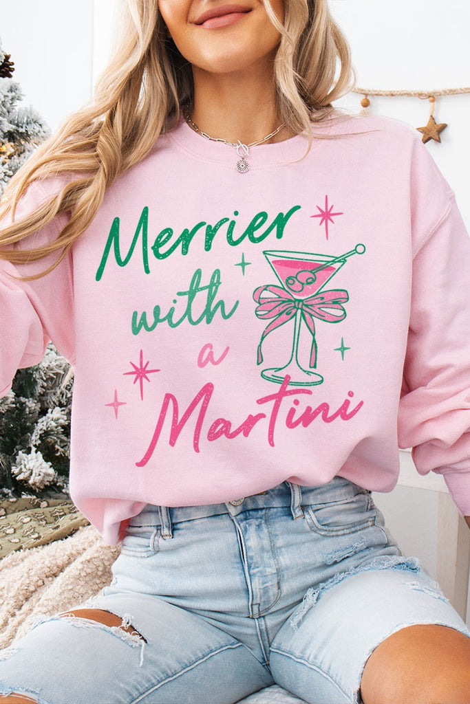 Merrier Martini Christmas Holiday Sweatshirt- Light Pink