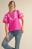 Vintage Bungalow Embroidered Top-Hot Pink