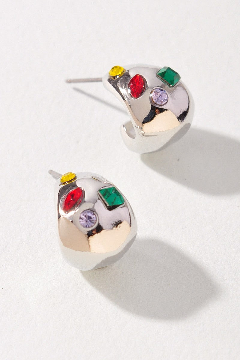 Rhinestone Ball Bead Earrings- Silver