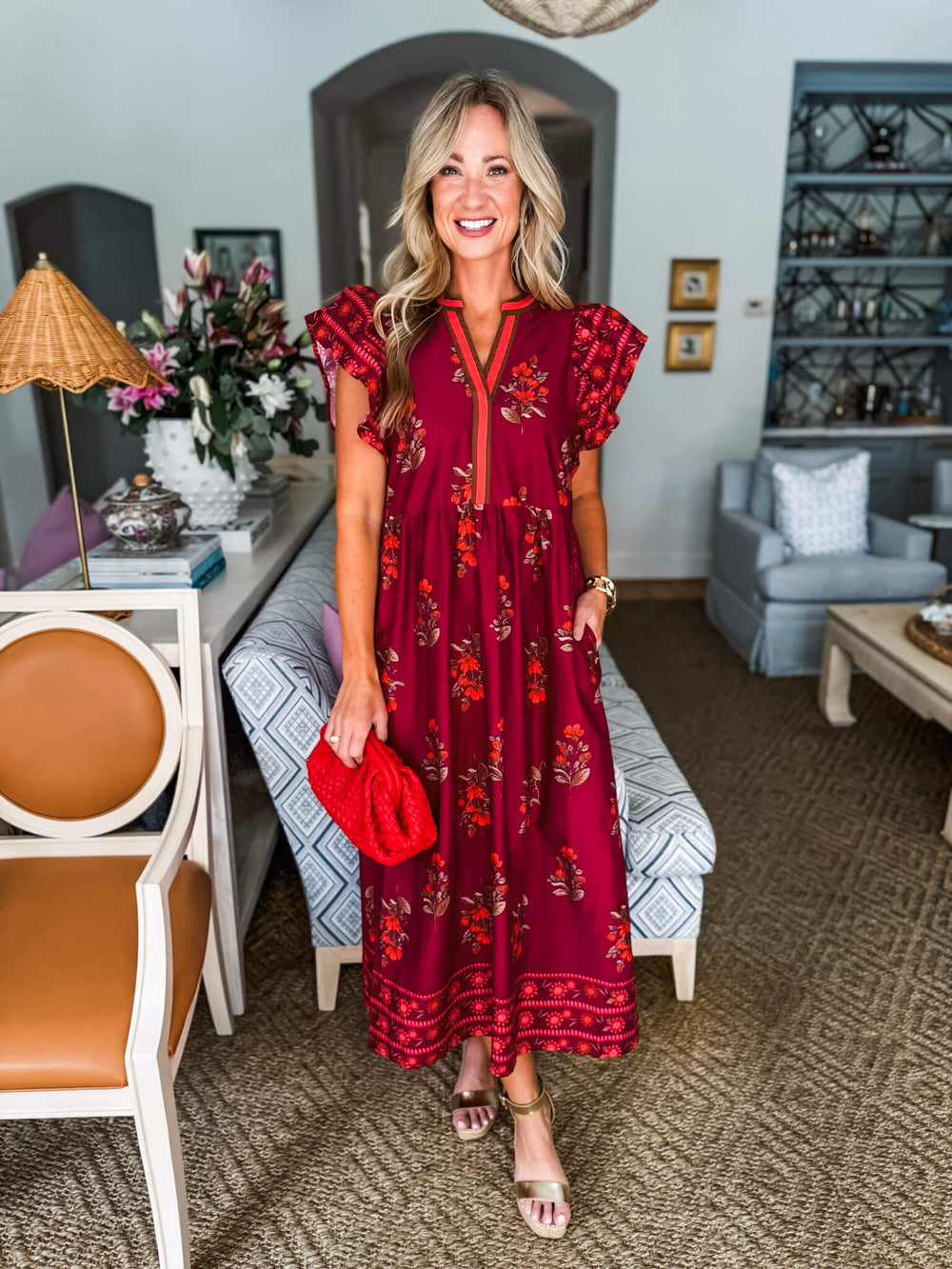 Coastal Brunch Floral Midi Dress-Garnet