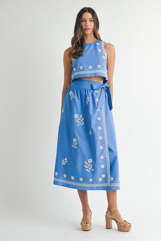 Favorite View Embroidered Skirt Set-Blue