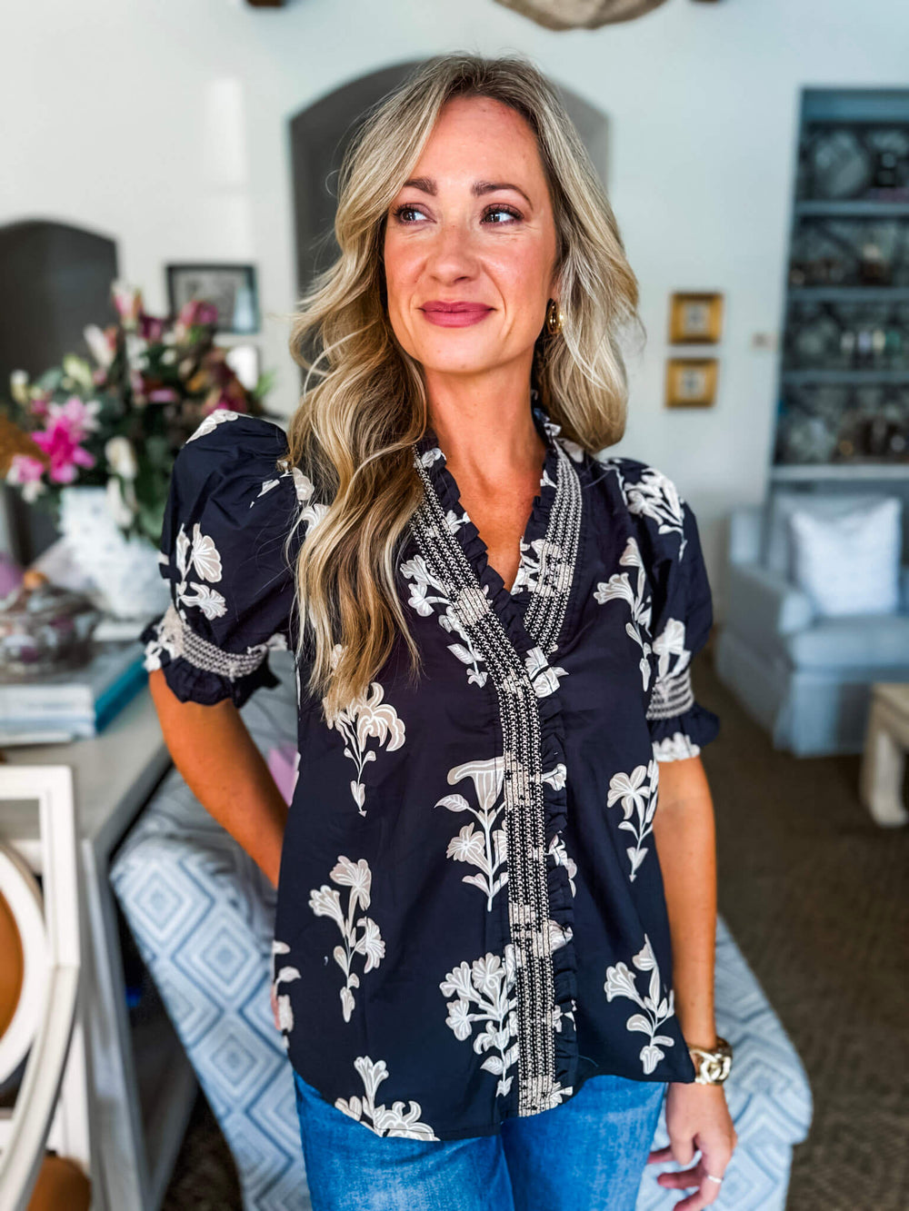 Greenhouse Florals Print Top-Black