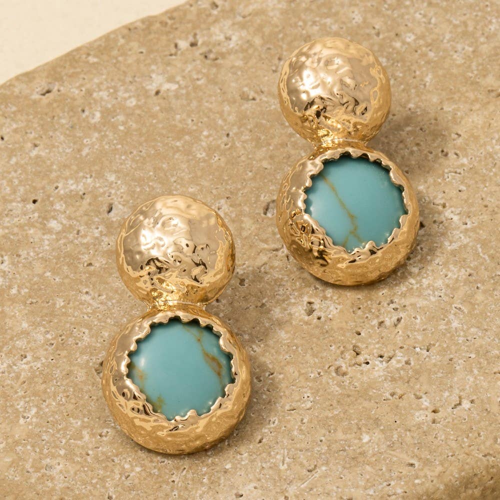 Hammered Dome And Stone Stud Dangle Earrings