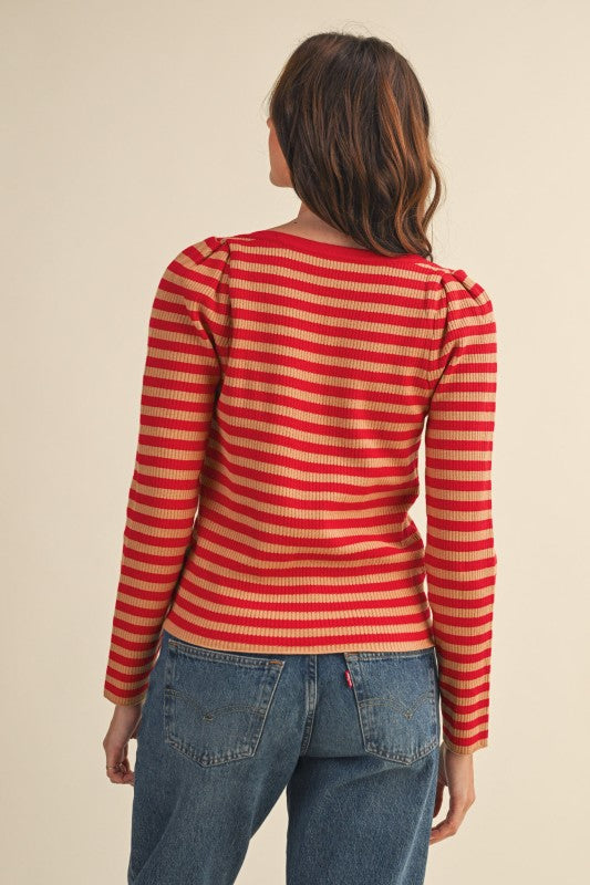 Nantucket Days Ribbed Top-Red/Taupe