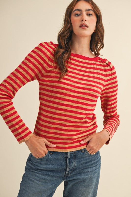 Nantucket Days Ribbed Top-Red/Taupe