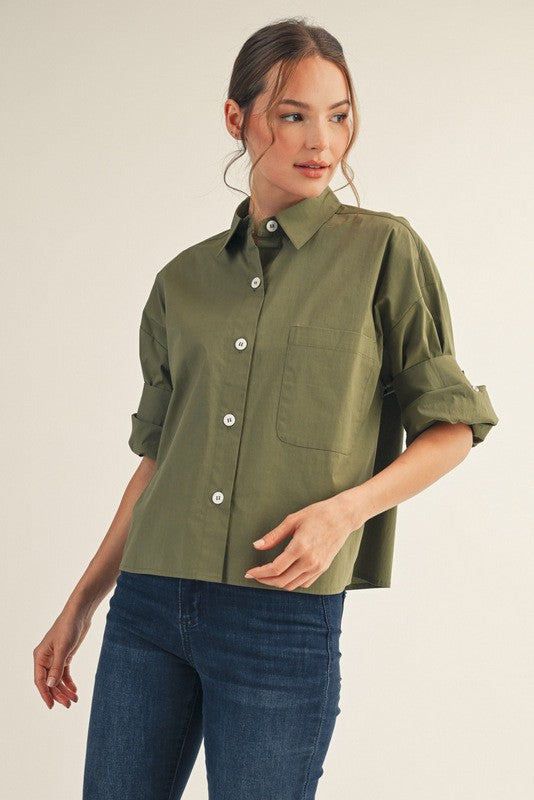Midtown Chic Button Down Top-Olive
