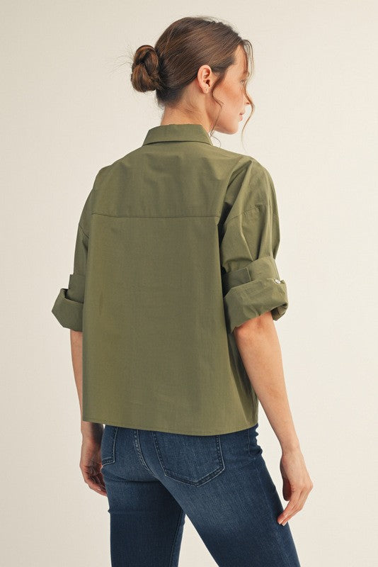 Midtown Chic Button Down Top-Olive