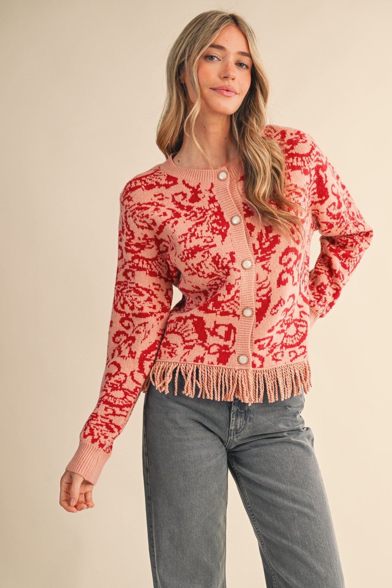 Elegant Approach Fringe Cardigan-Coral Red
