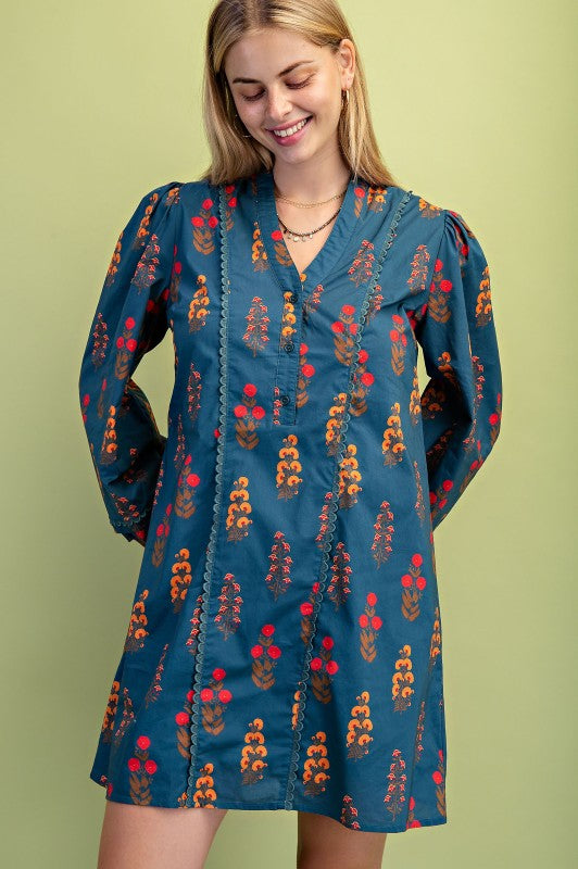 Darling Daydream Floral Mini Dress-Teal