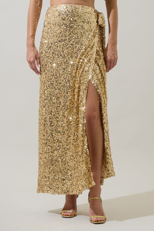 Special in Sequins Wrap Maxi Skirt-Gold