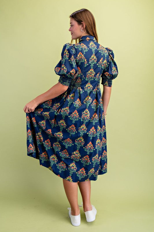 Wildflower Grace Midi Shirt Dress-Navy