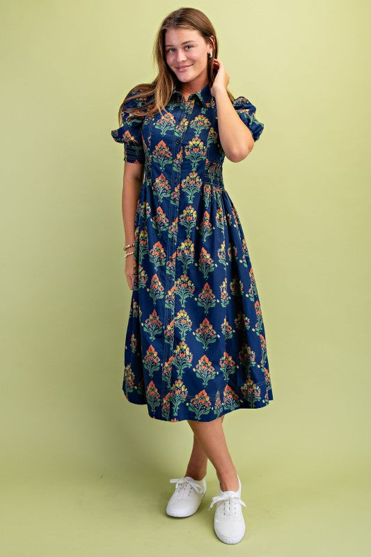 Wildflower Grace Midi Shirt Dress-Navy